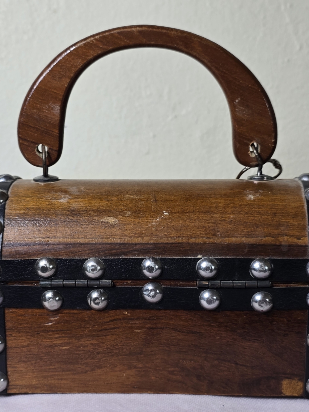 Encore Vintage Wooden Box Handbag Brown Wood Black Leather Metal Studded 1960s - Picture 9 of 16